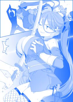 >:) 1boy 1girl ;) ass between_breasts blade_catching blue_theme bracer breasts breasts_squeezed_together broken broken_sword broken_weapon cleavage comic convenient_breasts detached_sleeves dropping fingerless_gloves fishnet_thighhighs fishnets getsuyoubi_no_tawawa glint gloves grabbing_own_breast grin hair_ornament hair_ribbon highres himura_kiseki holding holding_sword holding_weapon katana kunoichi-chan_(tawawa) large_breasts long_hair monochrome ninja one_eye_closed panties ponytail ribbon sandals side-tie_panties silent_comic simulated_paizuri smile smirk sweat sword thighhighs thighs underwear v-shaped_eyebrows very_long_hair weapon