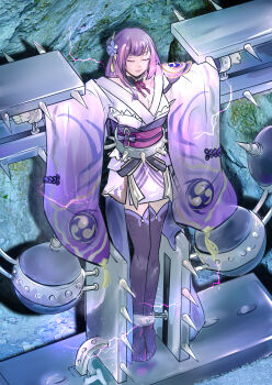 1girl absurdres ankle_cuffs armor bdsm blunt_bangs bondage bound bound_arms breasts bridal_gauntlets cave cleavage closed_eyes closed_mouth commentary_request commission cross crucifixion electricity flower flower_ornament genshin_impact gloves glowing gradient_hair hair_ornament highres humiliation japanese_clothes kimono large_breasts long_hair long_sleeves mitsudomoe_(shape) multicolored_hair neck_ribbon no_shoes outstretched_arms pink_lips purple_flower purple_kimono purple_thighhighs raiden_shogun red_ribbon red_sash restrained ribbon sash shade shoulder_armor solo spikes spread_arms stationary_restraints thighhighs thighs toes tomoe_(symbol) torture user_ntfn3858 wide_sleeves
