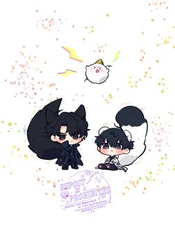 Rule 34 | 2boys, :<, ahoge, animal ears, biyoo (omniscient reader's viewpoint), black coat, black hair, black shirt, blush, cat ears, cat tail, coat, collared shirt, commentary request, double-parted bangs, full body, hair between eyes, highres, kemonomimi mode, kim dokja, kimidori 22, male focus, mouse ears, mouse tail, multiple boys, omniscient reader's viewpoint, open clothes, open coat, paw shoes, popped collar, shirt, short hair, sitting, tail, white coat, yoo joonghyuk