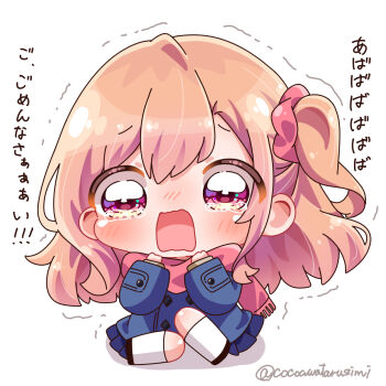 1girl apologizing blue_coat blue_skirt blush buttons chibi chibi_only coat commentary_request double-breasted fukune_koko full_body hair_ornament hair_scrunchie highres ikizulive!_love_live!_bluebird long_hair long_sleeves love_live! miniskirt nose_blush one_side_up open_mouth orange_hair pleated_skirt red_eyes red_scarf red_scrunchie scarf scrunchie sidelocks skirt socks solo takahashi_polka tearing_up tears translation_request wavy_mouth white_socks