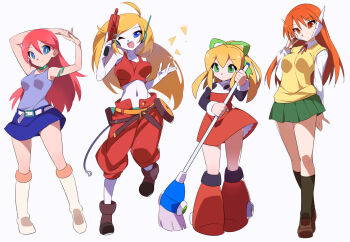 4girls android blue_eyes blue_shirt blue_skirt breasts broom colored_skin commentary_request cropped_shirt crossover curly_brace doraemon doraemon:_nobita_to_tetsujin_heidan doukutsu_monogatari dress flat_chest green_eyes green_skirt group_picture gun high_ponytail holding holding_broom holding_gun holding_weapon kaidou_zx long_hair medium_breasts mega_man_(classic) mega_man_(series) miniskirt multiple_girls one_eye_closed orange_eyes orange_hair pants pink_hair pleated_skirt ponytail red_dress red_pants red_shirt revision riruru_(doraemon) robot_ears robot_girl roll_(mega_man) serio_(to_heart) shirt simple_background skirt small_breasts sweater to_heart to_heart_(series) trait_connection trigger_discipline weapon white_background white_shirt white_skin yellow_sweater