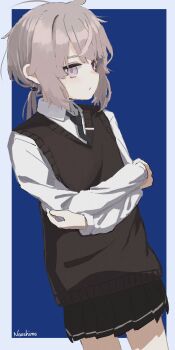 1girl alternate_costume black_necktie black_vest girls&#039;_frontline grey_hair hair_between_eyes highres looking_at_viewer m200_(girls&#039;_frontline) meta0614 necktie ponytail purple_eyes school_uniform shirt skirt solo vest white_shirt