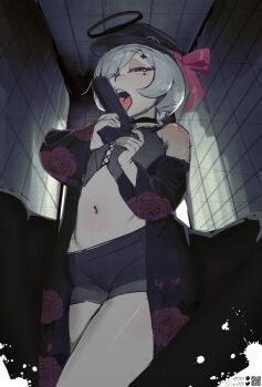 1girl bare_shoulders black_hat bow commentary cowboy_shot crop_top english_commentary flat_chest floral_print grey_hair gun hair_bow half-closed_eyes halo hands_up hat highres holding holding_gun holding_weapon indoors licking licking_weapon long_sleeves navel original pink_bow pita-potato shiny_skin short_hair shorts solo stomach weapon