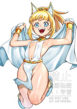 1girl ancient_egyptian_clothes animal_ears anklet areola_slip armpits blonde_hair blue_eyes bracelet breasts cat_ears dress emit_x eyebrows_hidden_by_hair fake_animal_ears full_body groin highres holding holding_towel jewelry jumping looking_at_viewer medium_hair mega_man_(series) navel no_panties open_mouth pelvic_curtain roll_(mega_man) simple_background small_breasts smile solo tan teeth towel upper_teeth_only variant_set white_background white_dress