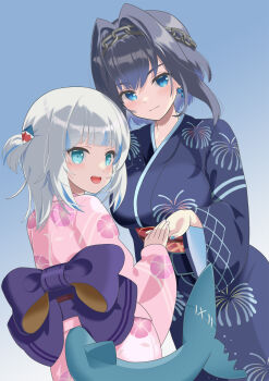 Rule 34 | 2girls, alternate costume, back bow, blue background, blue eyes, blue hair, blue kimono, blue streaks, blunt bangs, bow, breasts, closed mouth, fins, fish tail, floral print, floral print kimono, gawr gura, glawsbsxpytn7j9, gradient background, hair intakes, hashtag-only commentary, highres, holding hands, hololive, hololive english, japanese clothes, kimono, large bow, large breasts, long sleeves, looking at viewer, medium hair, multicolored hair, multiple girls, open mouth, ouro kronii, pink kimono, print kimono, purple bow, shark girl, shark tail, smile, streaked hair, tail, virtual youtuber, white hair