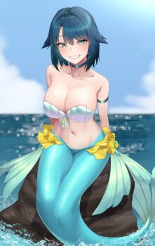 1girl adversarial_noise armband awono_nanaumi bikini blue_hair blue_tail blush breasts choker cleavage cloud collarbone commentary_request fins fukami_nana_(awono_nanaumi) green_eyes groin hair_flaps large_breasts leaning_forward mermaid mermaid_out_of_environment monster_girl navel original shell shell_bikini sitting smile solo swimsuit watermark