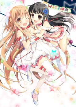 2girls :d ;d artist_name asuna_(sao) bare_shoulders black_hair blue_flower breasts brown_eyes choker comiket_93 commentary_request dress flower hair_flower hair_ornament holding_hands interlocked_fingers long_hair medium_breasts midriff multiple_girls navel one_eye_closed open_mouth orange_eyes orange_hair red_choker shoes smile sword_art_online thighhighs watsuki_ayamo white_dress white_shoes white_thighhighs yui_(sao)