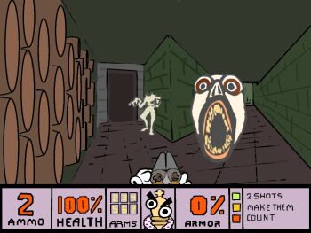 >:( 1boy angel_(the_amazing_digital_circus) angry barrel brick_wall commentary doom_(series) doom_ii doorway double-barreled_shotgun english_commentary gameplay_mechanics gloves gun hallway headless heads-up_display kinger_(the_amazing_digital_circus) pan-perkozeq parody pov red_eyes scene_reference severed_head shotgun the_amazing_digital_circus user_interface v-shaped_eyebrows weapon white_gloves wine_cellar