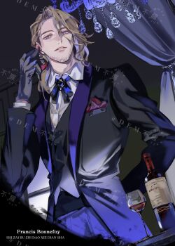 1boy arm_behind_back axis_powers_hetalia blonde_hair bottle bow collared_shirt cup drinking_glass facial_hair france_(hetalia) gloves goatee_stubble hair_bow highres jacket long_sleeves looking_at_viewer low_ponytail male_focus medium_hair ponytail purple_eyes rouye801 shirt smile solo stubble wine_bottle wine_glass