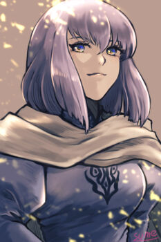 Rule 34 | 1girl, artist name, blue eyes, cape, estelle (tear ring saga), fire, purple hair, solo, sparkle, sumeragi (black rose), tear ring saga, tear ring saga: yutona eiyuu senki