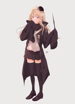 Rule 34 | 1girl, arknights, black hat, black jacket, black scarf, black shoes, black skirt, black thighhighs, blonde hair, closed mouth, commentary request, durin (arknights), full body, grey background, grey eyes, gupipy, hat, holding, holding wand, jacket, loafers, long hair, long sleeves, looking at viewer, miniskirt, open clothes, pleated skirt, pointy ears, scarf, shirt, shoes, simple background, skirt, sleeves past fingers, sleeves past wrists, solo, standing, thighhighs, wand, white shirt, zettai ryouiki
