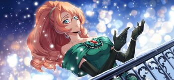 1girl aqua_eyes bare_shoulders bracelet breasts code_geass code_geass:_dakkan_no_roze code_geass:_lost_stories dress drill_hair earrings elbow_gloves f4samurai game_cg glasses gloves green_dress green_gloves highres jewelry long_hair natalia_luxembourg official_art orange_hair ponytail solo teeth