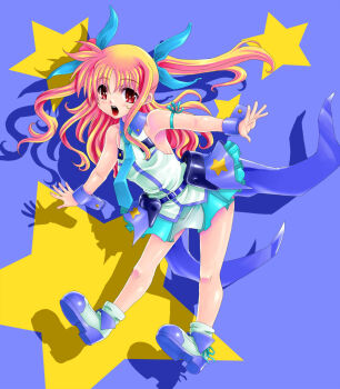 Rule 34 | 1boy, alicia testarossa, blonde hair, blush, gao (naodayo), hair ribbon, highres, long hair, lyrical nanoha, mahou shoujo lyrical nanoha innocent, male focus, necktie, open mouth, red eyes, ribbon, skirt, solo, star (symbol), sweat, twintails