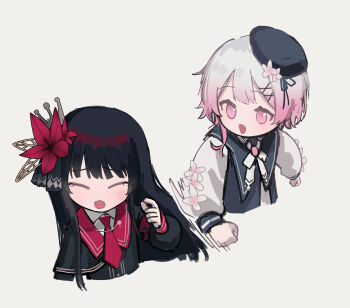 2girls beret black_hair black_hat blush commentary cropped_torso crown face_punch flower gradient_hair hair_flower hair_ornament hat highres in_the_face long_sleeves looking_at_another mahou_shoujo_no_majo_saiban mini_crown multicolored_hair multiple_girls necktie nikaido_hiro open_mouth pink_eyes pink_hair punched punching red_necktie sakuraba_ema simple_background symbol-only_commentary tearing_up white_background white_hair yoon_cook