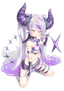 &gt;:p 1girl absurdres ahoge belt black_horns black_shorts collar commentary_request cropped_shirt demon_horns double-parted_bangs full_body gradient_hair grey_hair hair_between_eyes hand_up highres hololive horns kneeling la+_darknesss la+_darknesss_(gaming_casual) large_horns long_hair looking_at_another looking_at_viewer metal_collar midriff multicolored_hair multiple_thigh_straps navel necktie official_alternate_costume official_alternate_hairstyle petite pointy_ears purple_belt purple_hair purple_necktie purple_sailor_collar revision sailor_collar shirt short_shorts shorts simple_background sleeveless sleeveless_shirt slit_pupils solo streaked_hair striped_horns syam_illust tail twintails very_long_hair virtual_youtuber white_background white_shirt yellow_eyes