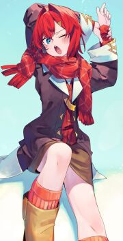 Rule 34 | 1girl, ange katrina, arms up, black jacket, brown skirt, cardigan, commentary request, feet out of frame, gradient background, hair ears, highres, jacket, knee up, layered sleeves, long sleeves, nijisanji, open clothes, open jacket, red cardigan, red hair, red scarf, scarf, shadow, short hair, sitting, skirt, solo, sukuna136, virtual youtuber