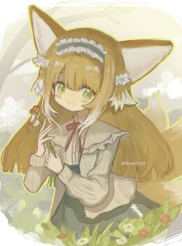 Rule 34 | 1girl, animal ears, arknights, blonde hair, blue hairband, blue skirt, blunt ends, blush, cardigan, colored tips, flower, fox ears, fox girl, fox tail, frilled hairband, frills, fu-ka (fuwafu10), green eyes, grey cardigan, grey shirt, hairband, hashtag-only commentary, high-waist skirt, holding, holding flower, kitsune, kyuubi, long hair, long sleeves, looking at viewer, multicolored hair, multiple tails, neck ribbon, official alternate costume, open cardigan, open clothes, parted lips, puffy long sleeves, puffy sleeves, red ribbon, ribbon, shirt, skirt, smile, solo, suzuran (arknights), suzuran (spring praise) (arknights), tail, white hair