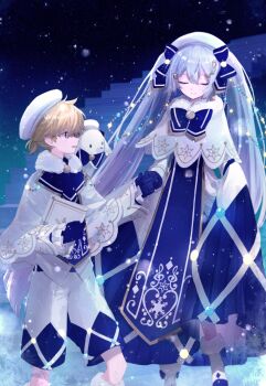 1boy 1girl beret blonde_hair blue_bow blue_eyes blue_gloves blue_tabard blush book bow braid capelet closed_eyes closed_mouth commentary_request dress ebi_(yzpiyo039) fortissimo gloves gold_trim hair_between_eyes hair_ornament hat hatsune_miku highres holding holding_book holding_hands kagamine_len long_hair long_sleeves looking_at_another musical_note musical_note_hair_ornament official_alternate_costume official_alternate_hairstyle rabbit rabbit_yukine smile snowflake_print stairs tabard twintails very_long_hair vocaloid white_capelet white_hat yuki_len yuki_miku yuki_miku_(2021)