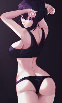1girl arms_up ass back black_bra black_panties bra breasts choister ghost_in_the_shell ghost_in_the_shell:_stand_alone_complex highres kusanagi_motoko looking_at_viewer looking_back panties purple_eyes purple_hair sideboob underwear
