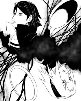 2girls boruto:_two_blue_vortex brentonsart commentary earrings english_commentary eyewear_on_head flat_chest forehead_protector frown glasses greyscale hairband haruno_sakura highres jacket jewelry monochrome multiple_girls naruto_(series) naruto_shippuuden rotational_symmetry sharingan short_hair uchiha_sarada uchiha_symbol