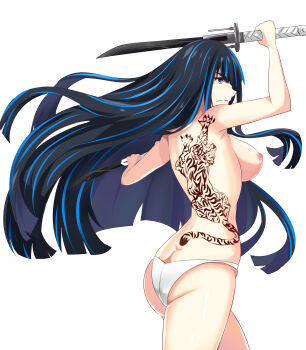 1girl absurdres arched_back arm_up armpits ass avaloki back back_tattoo black_hair blue_eyes breasts butt_crack clenched_hands collarbone curvy determined dimples_of_venus eyebrows eyelashes female_focus fighting_pose fighting_stance fingernails floating_hair from_behind highres hime_cut holding holding_sword holding_weapon kill_la_kill kiryuuin_satsuki large_breasts legs long_hair looking_to_the_side multicolored_hair neck nipples no_bra official_underwear panties serious shiny_clothes shiny_skin sideboob simple_background standing straight_hair streaked_hair sword tattoo thighs topless_female trigger_(company) two-tone_hair underwear underwear_only unworn_clothes weapon white_background white_panties wind wind_lift