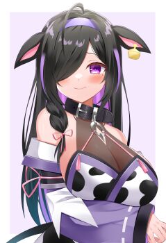 1girl absurdres ahoge animal_ears animal_print arm_under_breasts bare_shoulders belt_collar black_collar black_hair blush border braid breasts cleavage_cutout closed_mouth clothing_cutout collar colored_inner_hair cow_ears cow_girl cow_print detached_sleeves ear_tag furrowed_brow hair_over_one_eye hair_ribbon hairband highres japanese_clothes kimono large_breasts long_hair long_sleeves looking_at_viewer mole mole_under_eye multicolored_hair nijisanji one_eye_covered outside_border parted_bangs pink_ribbon print_kimono purple_background purple_eyes purple_hair purple_hairband purple_sleeves ribbon ribbon-trimmed_sleeves ribbon_trim see-through_cleavage see-through_clothes side_braid sidelocks simple_background single_braid smile solo standing streaked_hair tassel upper_body virtual_youtuber white_border wide_sleeves yagyu_shino yamae_oekaki