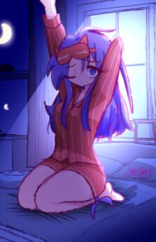 1girl absurdres arm_behind_head arm_up bags_under_eyes bed bed_sheet blue_eyes bonbon_(bonzomcbonbon) breasts cleavage closed_mouth crescent_moon highres large_breasts long_hair looking_at_viewer messy_hair miside mita_(miside) moon on_bed one_eye_closed pajamas pillow sleepy_mita_(miside) solo thick_thighs thighs window