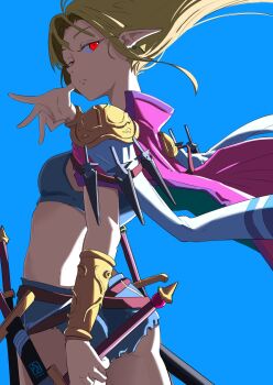 1girl adapted_costume alternate_eye_color armor ass automatic_giraffe blonde_hair blue_background blue_shorts bracer breasts cape closed_mouth commentary cowboy_shot english_commentary floating_hair hand_up highres holding holding_sword holding_weapon long_hair medium_breasts midriff nintendo pink_cape pointy_ears princess_zelda red_eyes sheath sheathed short_shorts shorts shoulder_armor simple_background solo sword the_legend_of_zelda the_legend_of_zelda:_a_link_between_worlds weapon