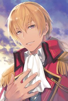 1boy ascot blonde_hair cloud cloudy_sky eiyuu_densetsu falcom grin isa_(peien516) jacket long_sleeves looking_at_viewer low_ponytail male_focus medium_hair military military_uniform olivert_reise_arnor ponytail purple_eyes red_jacket sen_no_kiseki_(series) sen_no_kiseki_i sky smile solo sora_no_kiseki upper_body