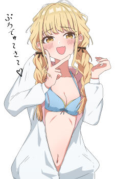 1girl absurdres bikini blonde_hair blue_bikini breasts cleavage commentary fang fujita_kotone gakuen_idolmaster heart highres idolmaster jacket long_hair long_sleeves navel open_mouth partially_unzipped simple_background skin_fang solo stomach swimsuit translation_request urishima v v_over_mouth white_background white_jacket yellow_eyes