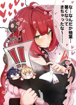 Rule 34 | 3girls, alice thymefield, animal ears, belle (zenless zone zero), black shirt, blonde hair, blue hair, blush, braid, gin moku, green eyes, heart, heterochromia, highres, implied yuri, long hair, multiple girls, rabbit ears, red eyes, shirt, sweat, translation request, twin braids, ukinami yuzuha, yellow eyes, yuri, zenless zone zero