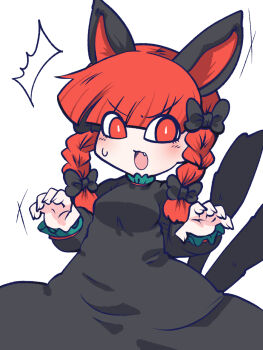 1girl animal_ears black_bow black_dress blunt_bangs bow braid breasts cat_ears cat_girl cat_tail chahan_(fried_rice0614) dress fang hair_bow highres kaenbyou_rin long_sleeves looking_at_viewer multiple_tails open_mouth red_eyes side_braids simple_background solo sweatdrop tail touhou twin_braids two_tails v-shaped_eyebrows white_background