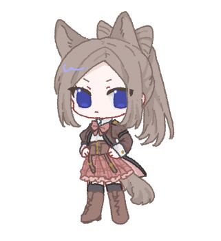 Rule 34 | 1girl, animal ears, assault lily, black thighhighs, blue eyes, boots, bow, bow-shaped hair, bowtie, brown boots, brown bow, brown bowtie, brown hair, brown jacket, brown skirt, cat ears, cat girl, cat tail, chibi, closed mouth, corset, frilled skirt, frills, full body, garter straps, gatti love, hands on own hips, high ponytail, highres, ichinomiya michaela himari, jacket, kemonomimi mode, knee boots, long hair, long sleeves, looking at viewer, ludvico private girls' academy school uniform, miniskirt, no pupils, open clothes, open jacket, parted bangs, plaid clothes, plaid skirt, ponytail, school uniform, simple background, skirt, solo, standing, tail, thighhighs, underbust, v-shaped eyebrows, white background