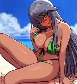 1girl arm_support barefoot beach bikini bikini_tan bikini_top_pull black_hair blush breasts chinatsu_(kuroonehalf) cleavage cloud collarbone criss-cross_halter dark_skin food_print fruit_print green_bikini halterneck kuroonehalf large_breasts long_hair looking_at_viewer navel ocean original parted_lips print_bikini sand sitting sky swimsuit tan tanline water watermelon_print yellow_eyes