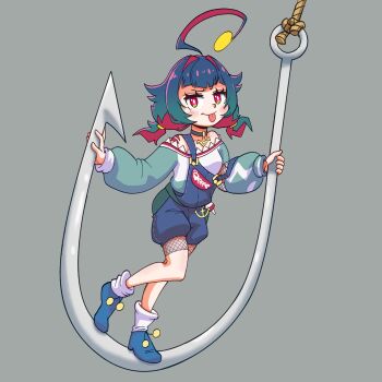 :p anchor anglerfish_girl antennae loose_socks bare_legs bare_shoulders blue_overalls breasts choker fish_hook fishing_lure gills highres hook indie_virtual_youtuber kitanya_nyanta leejayanimation multicolored_hair multicolored_shirt overalls red_eyes shirt shoes shorts socks aqua_shirt tongue tongue_out virtual_youtuber white_shirt