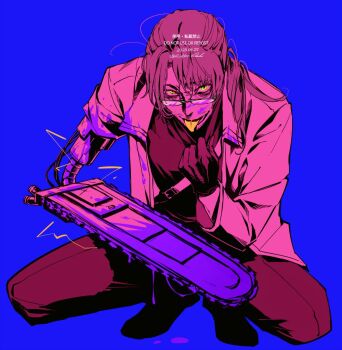 Rule 34 | 1boy, beard stubble, belt, blood, blood on clothes, blood on eyewear, blood on face, bloody weapon, blue background, chainsaw, colored tongue, crazy smile, f ubkc, facial hair, full body, glasses, gloves, gregor (project moon), jacket, limbus company, looking at viewer, male focus, mature male, mechanical arms, non-web source, official alternate costume, open clothes, open jacket, pants, parted bangs, ponytail, project moon, rosespanner workshop (identity) (project moon), shirt, shoes, simple background, single glove, single mechanical arm, smile, solo, squatting, stubble, tongue, turtleneck, turtleneck shirt, watermark, weapon, yellow eyes, yellow tongue