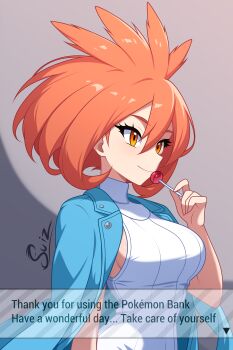 Rule 34 | 1girl, absurdres, breasts, brigette (pokemon), candy, closed mouth, commentary, english commentary, english text, eyelashes, food, hand up, highres, holding, jacket, jacket on shoulders, lollipop, medium hair, nintendo, orange eyes, orange hair, pokemon, pokemon bank, ribbed shirt, shirt, sideboob, signature, sleeveless, sleeveless shirt, smile, solo, su1zide, upper body