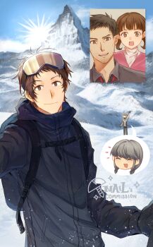 1girl 3boys :d :o absurdres adachi_tooru artist_name backpack bag beard_stubble belt black_bag black_belt black_coat black_gloves black_hair blue_sky braid brown_eyes brown_hair chest_belt child chinese_commentary closed_eyes closed_mouth coat collared_shirt commentary_request doujima_nanako doujima_ryoutarou dress facial_hair father_and_daughter gloves goggles goggles_on_head grey_eyes grey_hair grey_shirt highres hiking hiking_pole looking_at_viewer low_twintails mountain mountainous_horizon multiple_boys mustache_stubble nailtoo narukami_yu open_mouth outdoors persona persona_4 pink_dress shirt short_twintails sky smile snow ski_goggles sparkle spoken_expression standing stubble sun sunburst sunlight turtleneck turtleneck_shirt twin_braids twintails video_call waving white_shirt wing_collar