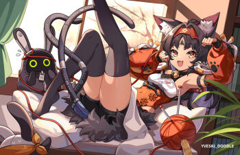 1girl :d animal_ears armpits artist_name bangboo_(zenless_zone_zero) bell black_hair black_thighhighs bookshelf breasts bridal_gauntlets cat_ears cat_paw chinese_commentary clothing_cutout covered_navel eous_(zenless_zone_zero) facial_mark fang flying_sweatdrops forehead_mark hair_intakes highres holding holding_string jingle_bell long_hair looking_at_viewer multiple_tails nekomata nekomiya_mana on_bed open_mouth paw_pose reclining red_eyes side_cutout skin_fang small_breasts smile string sweat tail thighhighs triangle triangle_facial_mark two_tails window yarn yarn_ball yveski zenless_zone_zero