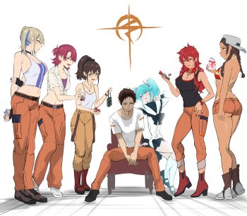 Rule 34 | 1boy, 6+girls, absurdres, agetama, backwards hat, betchy (gundam), blonde hair, blue hair, boots, box, box of chocolates, braid, brown hair, chair, char's counterattack, commentary request, dark-skinned female, dark skin, emerelda zubin, gundam, gundam hathaway's flash, hala morley, hat, hathaway noa, high ponytail, highres, jewelry, julia suga, mihessia hence, multicolored hair, multiple girls, necklace, orange pants, pants, ponytail, quess paraya, red hair, sitting, smile, twin braids, twintails, two-tone hair, valentine, vest, white vest