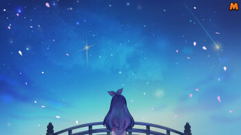 Rule 34 | 1girl, arch bridge, artist request, ayanokouji kanna, back bow, bad source, blue sky, bow, bridge, cherry blossoms, cool colored, floral print bow, from behind, hairband, highres, japanese clothes, kimono, long hair, maplestory, maplestory m, negative space, nexon, night, night sky, official art, outdoors, pink petals, purple bow, purple hairband, second-party source, shooting star, sky, solo, star (sky), straight hair, very long hair, white kimono