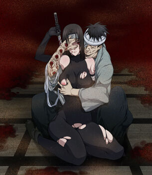 Rule 34 | 1boy, 1girl, bandage over one eye, bandages, bare shoulders, black hair, bleeding, blood, breasts, covering another's eyes, dark, elbow gloves, forehead protector, genderswap, genderswap (mtf), gloves, grabbing another's breast, groping, hand over eye, hetero, injury, large breasts, long hair, naruto (classic), naruto (series), naruto shippuuden, nipple slip, nipples, pantyhose, puffy nipples, red eyes, sheath, shimura danzou, sitting, spandex, squatting, tattoo, torn clothes, torn legwear, uchiha itachi, unsheathing, weapon, zokenwatarushi