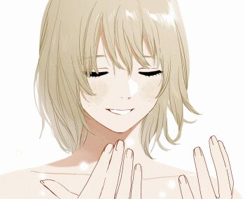 1girl bare_shoulders blonde_hair closed_eyes dungeon_meshi falin_touden frs2 highres light_blush looking_at_hands medium_hair smile solo upper_body water_drop wet_face white_background