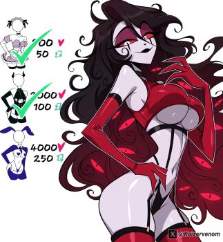 1girl black_hair black_lips black_panties breasts colored_sclera commentary cowboy_shot elbow_gloves english_commentary extra_eyes gloves hazbin_hotel hellaverse highres kaizervenom large_breasts long_hair multicolored_hair panties red_gloves red_hair red_sclera red_thighhighs roo_(hazbin_hotel) simple_background smile solo thighhighs two-tone_hair underwear