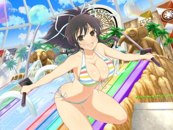 1girl asuka_(senran_kagura) balloon banner bikini blush breasts brown_eyes brown_hair cleavage cloud day dual_wielding elephant elephant_statue flower front-tie_bikini_top front-tie_top hair_ribbon highres holding large_breasts looking_at_viewer multicolored_bikini navel official_art open_mouth palm_tree ponytail railing rainbow_bikini ribbon senran_kagura senran_kagura_estival_versus senran_kagura_new_link senran_kagura_peach_beach_splash senran_kagura_shoujo-tachi_no_shin'ei side-tie_bikini_bottom smile solo striped_bikini striped_clothes swimsuit sword tree wakizashi water water_slide waterfall waterpark weapon white_ribbon yaegashi_nan