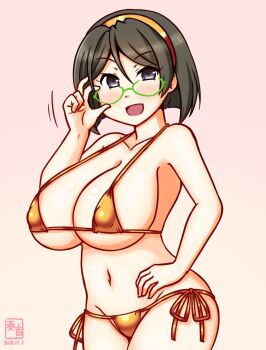 Rule 34 | 1girl, adjusting eyewear, alternate costume, artist logo, bare shoulders, bikini, black hair, blush, breasts, commentary request, covered erect nipples, cowboy shot, dated, glasses, gold bikini, gradient background, green-framed eyewear, hairband, kanon (kurogane knights), kantai collection, kirishima (kancolle), large breasts, logo, looking at viewer, pink background, short hair, smile, solo, swimsuit