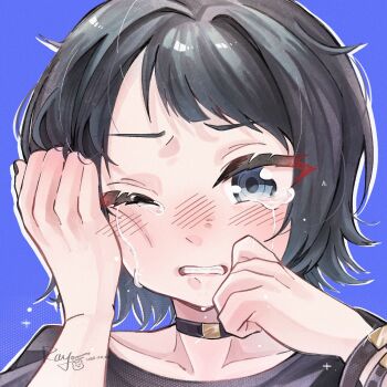 Rule 34 | 1girl, aged down, bang dream!, bang dream! it&#039;s mygo!!!!!, black choker, black hair, black nails, blue background, blue eyes, blush, chinese commentary, choker, clenched teeth, commentary request, crying, dated, highres, nail polish, portrait, short hair, signature, simple background, solo, teeth, upper body, yahata umiri, yoyoray20001996