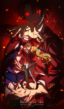 1girl absurdres advanced_nurturing_high_school_uniform aqua_scrunchie ayanokouji_kiyotaka blonde_hair blood blunt_bangs brown_eyes brown_hair commentary dancing dual_persona english_commentary english_text full_body highres holding_hands jacket kagura_kurosaki karuizawa_kei long_hair looking_at_another marionette mask ponytail puppet puppet_strings red_jacket school_uniform scrunchie smile youkoso_jitsuryoku_shijou_shugi_no_kyoushitsu_e