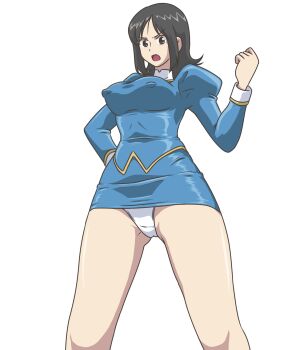 1girl agent_aika aika_(series) alternate_breast_size_(larger) arms_behind_back ascot bare_legs black_ascot black_hair blue_delmo blue_skirt blush breasts brown_eyes covered_erect_nipples covered_navel curvy delmo delmogeny_uniform female_focus highres juliet_sleeves kuroyoshi long_sleeves medium_breasts open_mouth panties pencil_skirt puffy_sleeves short_hair skirt solo standing underwear waitress_delmo white_background white_panties wide_hips
