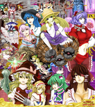 6+girls aki_minoriko alice_margatroid animal_print apron ass black_hair black_hat black_shoes black_vest blonde_hair blue_dress blue_hair bodypaint boots bow braid breasts brown_boots brown_hat brown_shoes brown_skirt brown_thighhighs buruma capelet cirno claw_(weapon) crying cuffs dress eyepatch flower frilled_bow frills frog_print gohei green_bow green_eyes green_hair hagoromo hakurei_reimu hat hat_bow hinanawi_tenshi holding holding_flower holding_knife horns hoshiguma_yuugi ibuki_suika ice ice_wings izayoi_sakuya kagiyama_hina kams kazami_yuuka kazami_yuuka_(pc-98) kirisame_marisa knife kochiya_sanae large_breasts long_hair luna_child maid maid_apron maid_headdress marvel mizuhashi_parsee mob_cap moriya_suwako multiple_girls mystia_lorelei nagae_iku navel navel_piercing open_mouth orange_hair outstretched_arms panties pants parody patchouli_knowledge peach_hat_ornament piercing pink_hair plaid_clothes plaid_pants purple_bow purple_eyes purple_hair red_bow red_eyes red_ribbon red_shirt red_skirt revealing_clothes ribbon rope rumia shackles shameimaru_aya shawl shimenawa shirt shoes short_hair side_braid single_horn skirt smoke socks squatting star_sapphire straw_hat sunny_milk tears thighhighs touhou twin_braids underwear very_long_hair vest weapon white_capelet white_hair white_panties white_shirt white_socks wide_sleeves wings witch_hat wristband x-men yakumo_yukari yasaka_kanako yellow_eyes